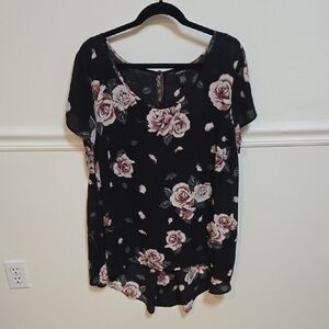 Chaps Black Blouse with Pink Rose Pattern